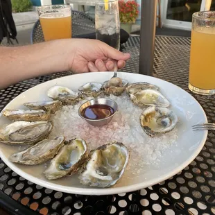a plate of oysters on a table