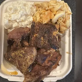 Rib combo with Mac &amp; cheese and potato salad.