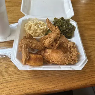 Fried chicken, collard greens, and macaroni and cheese