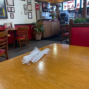 a table and chairs in a restaurant