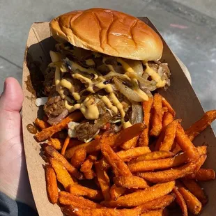 Tri-tip sandwich and sweet potato fries
