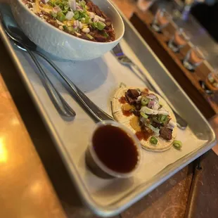 Tri-Tip chili (so good) and brisket taco (small but delicious).