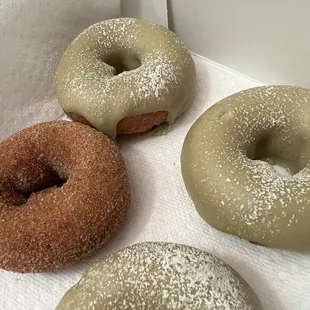 Cinnamon sugar donuts, matcha maple donuts