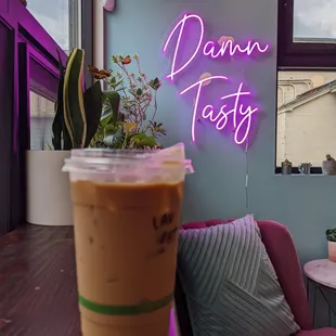 Iced oat milk lavender latte, inside Drifter.