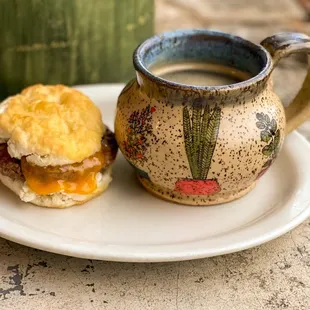 Breakfast sandwich and a tasty americano