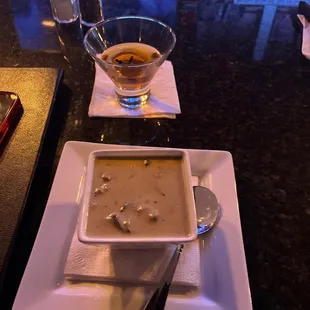 Homemade mushroom soup with steak and a Kentucky gentleman.  The soup is awesome and homey.