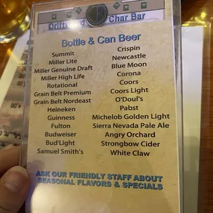 a menu for a drink