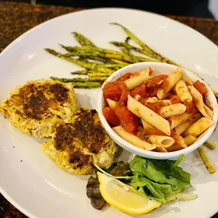 Grilled Crab cake dinner with penne pasta &amp; grilled asparagus