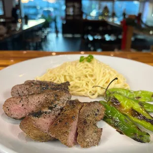 steak, asparagus, and noodles
