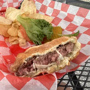 a sandwich and chips in a basket