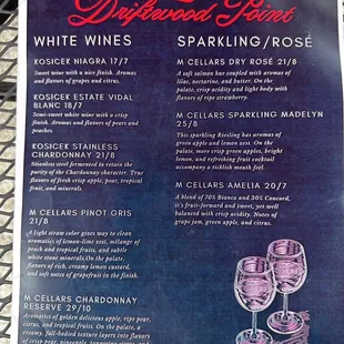 a menu for wine wines sparkling rose