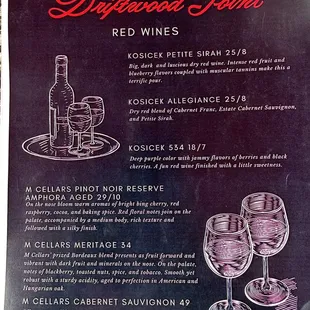 a menu for a wine tasting