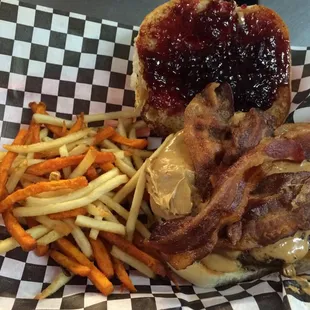 Peanut Butter &amp; Jelly Bacon Burger!!! Salty Sweet!!! Next Time you stop by Driller's... Try this Amazing Burger!