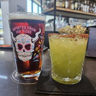 Draft beer and cucumber margarita.