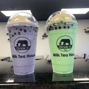 Taro or Honeydew , bled with boba and ice cream on top