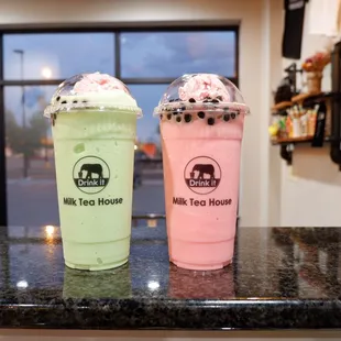 Honeydew boba tea blended with ice cream &amp; strawberry boba tea blended with ice cream