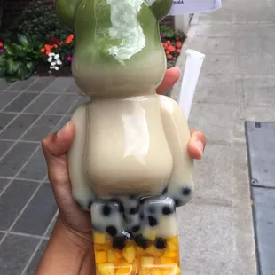 Yellow Heart- matcha, oat milk (sub), mango bits, and boba (added)