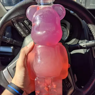 N.E.R.D - butterfly pea tea + guava lemonade + strawberry bits in an adorable bear bottle!