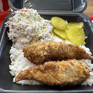 #3 Combo with 2 strips, cole slaw, rice and pickles.