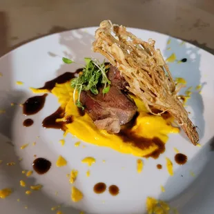 Duck with Ginger-Carrot Puree and Tempura-Fried Enoki Mushrooms