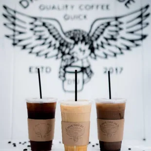 three cups of iced coffee