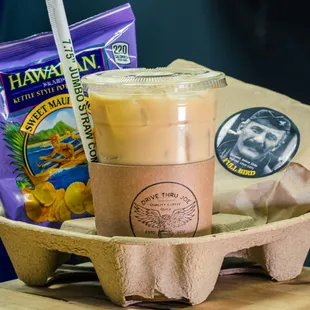 a carton of coffee and a bag of chips