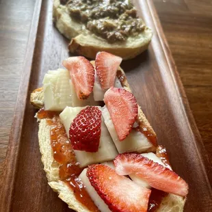 Strawberry rhubarb manchego and olive tapenade bruschetta