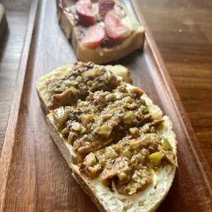 Olive tapenade with cream cheese and strawberry rhubarb manchego cheese