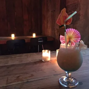 MT. Kilauea Colada: rum blend, pineapple, coconut, all-spice, blood orange and Absinthe =strong and delicious