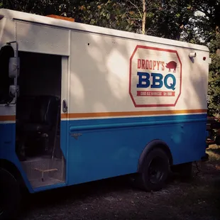 a blue and white truck