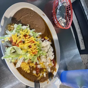 chili, beans, cheese, lettuce, and beans