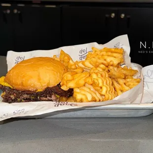 Oklahoma Fried Onion Burger with Waffle Fries