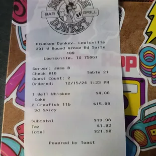 Very reasonable prices, I expected the whiskey and Coke to be about $6 it was only $4 crawfish is $8 a pound