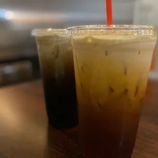 two iced drinks on a table