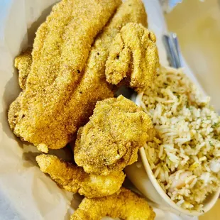 Fried Catfish, Fried Shrimp, Fried Oysters, and Shrimp Fried Rice. All very delicious!