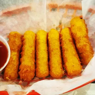 Beer-battered mozzarella sticks