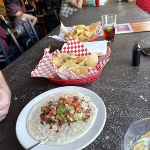 Best Mexican dip in KC, do the meat with guac and pico, cilantro. Madone Chips and Queso
