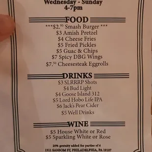 Happy hour menu