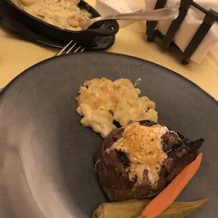 Petite filet, mac'n cheese, pickled carrot and okra