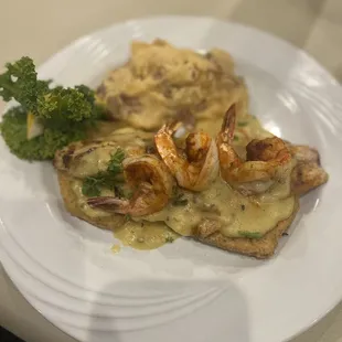 Restaurant week: fried eggplant topped with red fish and shrimp in blanc sauce. Omg soooo good