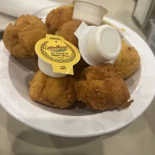 Complimentary hush puppies.  hot and fresh
