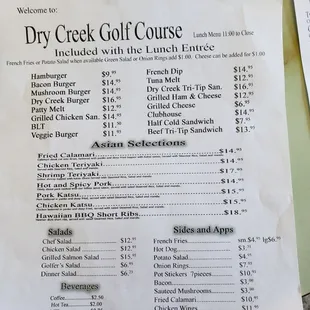 menu for dry creek golf course