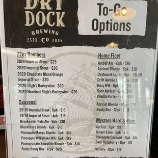 New to-go menu. Selections as of 01-11-2022.