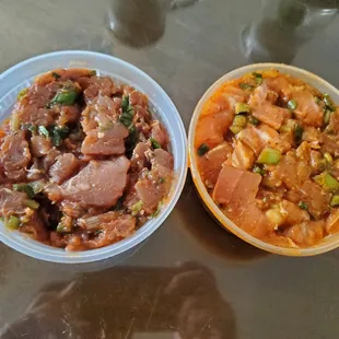 Poke, about half a pound each per container; tuna on the left, and salmon on the right. The poke is just okay.