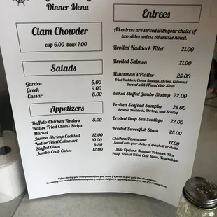 menu and price list