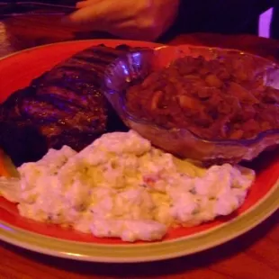 Ribeye steak dinner (with potato salad and house-made beans)