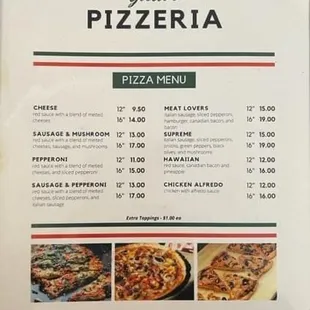 a menu for a pizza restaurant