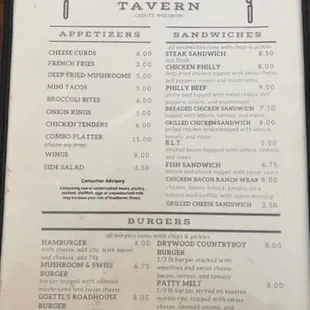 the menu and prices