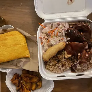 Jerk Chicken Combo, Plantains, Beef Patty