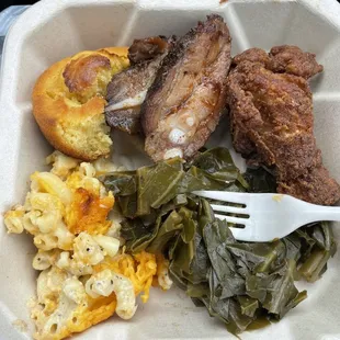 Rib tips, Mac and cheese, greens, and chicken.